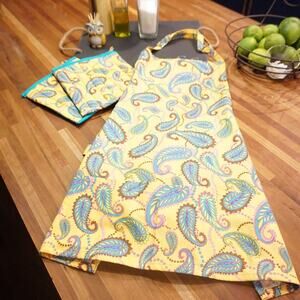 Paisley print multi pocket Bib cooking and art Apron yellow Jacobean
